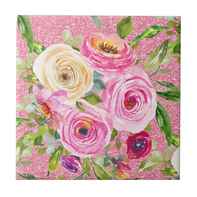 Rosas de aquarela a rosa e creme com brilho rosa (Frente)