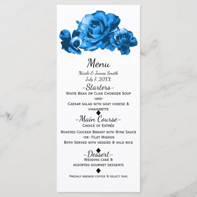 Rosas de Aquarela Azul Menu Casamento Elegante (Frente)
