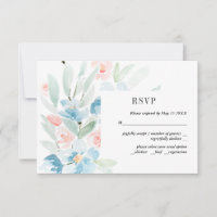 Rosas de aquarela e Cartão RSVP de Casamento Azul