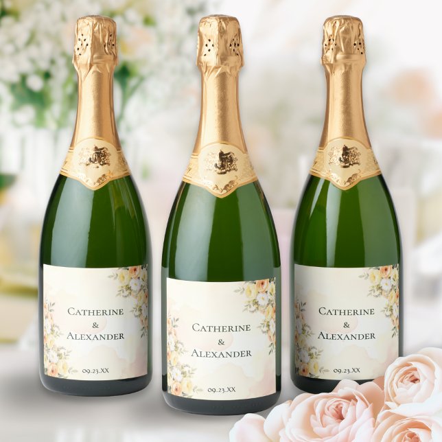 Rosas de Aquarela Personalizadas Rustic Floral Wed (Custom labels for your reception sparkling wine, personalized with couple's names and wedding date)