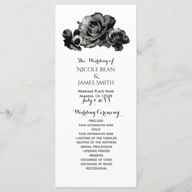 Rosas de Aquarela Preta Programa de Casamento Eleg (Frente)