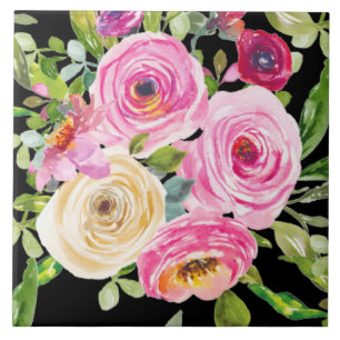 Rosas de aquarelas a rosa e creme a preto