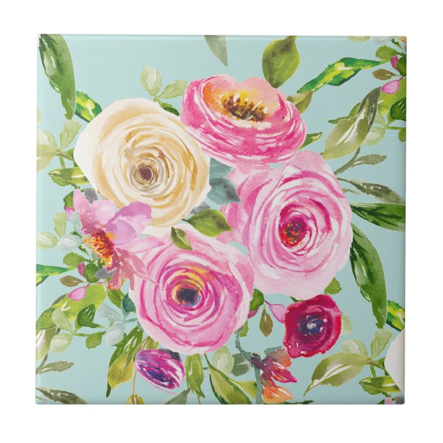 Rosas de aquarelas a rosa e creme em aqua (Frente)