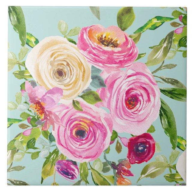 Rosas de aquarelas a rosa e creme em aqua (Frente)