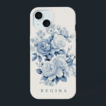 Rosas de Aquarelas Azuis de Pastel Elegantes Perso<br><div class="desc">Leve rosas, flores e folhagem, azuis e esbranquiçadas, poeirentas, azuis e esbranquiçadas, sobre fundo branco antigo, com campo de texto para o seu nome, iniciais ou monograma.</div>