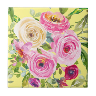 Rosas de aquarelas em rosa e vermelho em amarelo