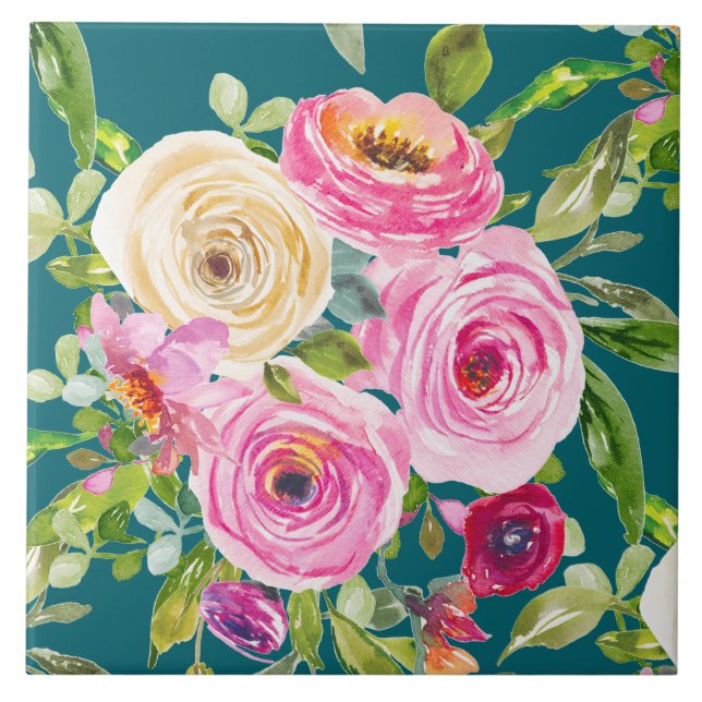 Rosas de aquarelas em rosa e vermelho no chão (Frente)