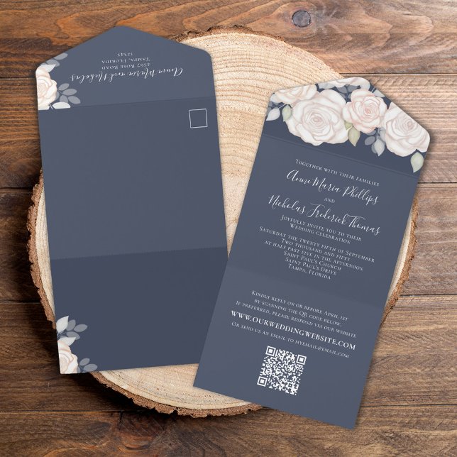 Rosas de Blush on-line RSVP Rfloral de Código QR E (Elegant wedding invitation with blush floral roses, All in One Style. )