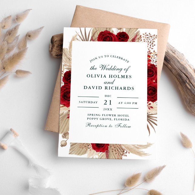Rosas de Borgonha e Convite para Casamento de Gras (Burgundy Roses and Pampas Grass Wedding Invitation on white table sorrounded with dry pampas grass.)