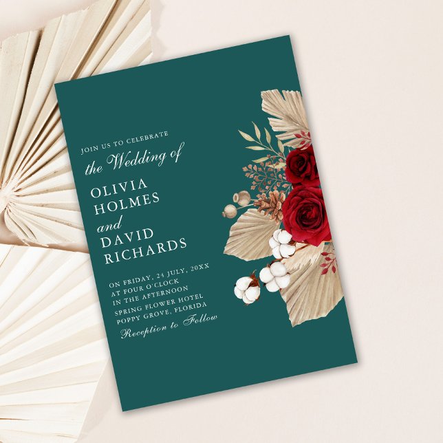 Rosas de Borgonha no Convite para Casamento Teal (Modern Teal and Burgundy Roses Wedding Invitation on light background)