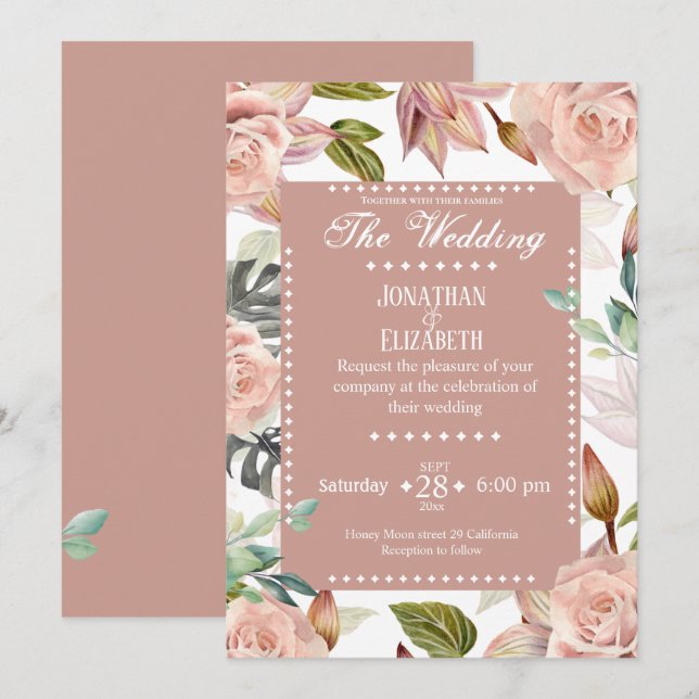 Rosas de convite para o casamento floral de Elegan (Frente/Verso)