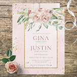 Rosas de emboscada e avisos Dourados Convite para<br><div class="desc">Um fundo de aquarela suave com um buquê correspondente de rosas embebidos no topo, todos borrifados com ouro falso e rodeados por um falso quadro de texto dourado brilhante. Simples e elegante, fresco e feminino. A parte de trás carregar a cor d'água embaçada e o tema do ouro. Este cartão...</div>