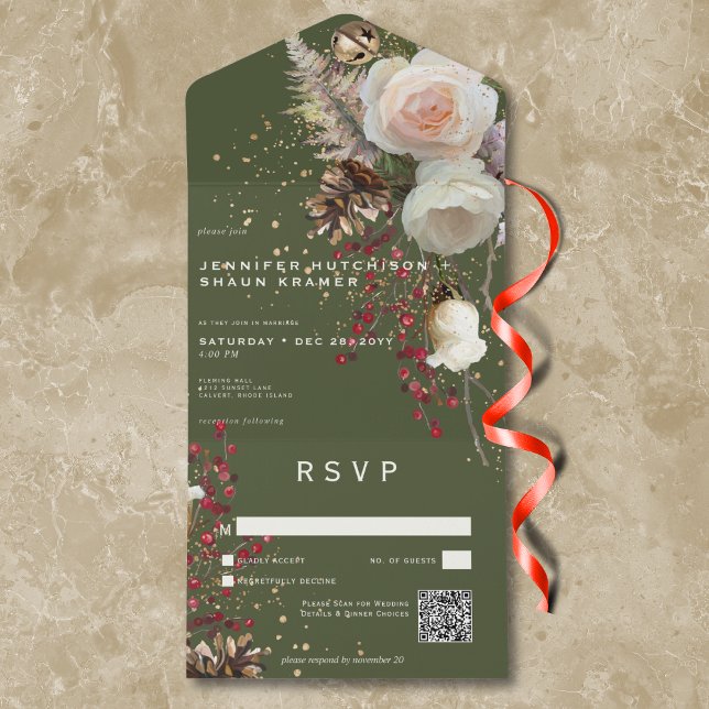 Rosas de inverno modernos e código QR verde das Be (Modern Winter Roses & Red Berries Green QR Code All In One Invitation)