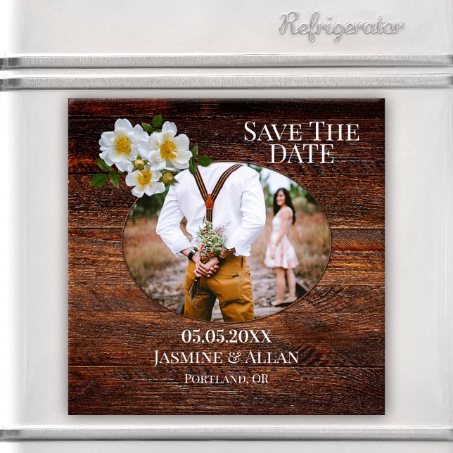Rosas de madeira russa Imã salve a data de fotos (A rustic wood design Save the Date magnet featuring your own photo and white roses.)