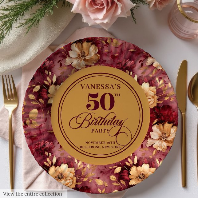 Rosas de ouro borrão maroon pratos de 50 anos (Maroon blush gold roses 50th birthday paper plates

)