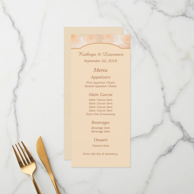 Rosas de Tangerine Menu Casamento Personalizado (Frente/Verso In Situ)