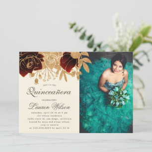 Rosas Dourados de Aquarela Convite Fotográfico Qui