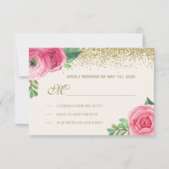 Rosas e brilho da Aquarela que Wedding RSVP (Frente)