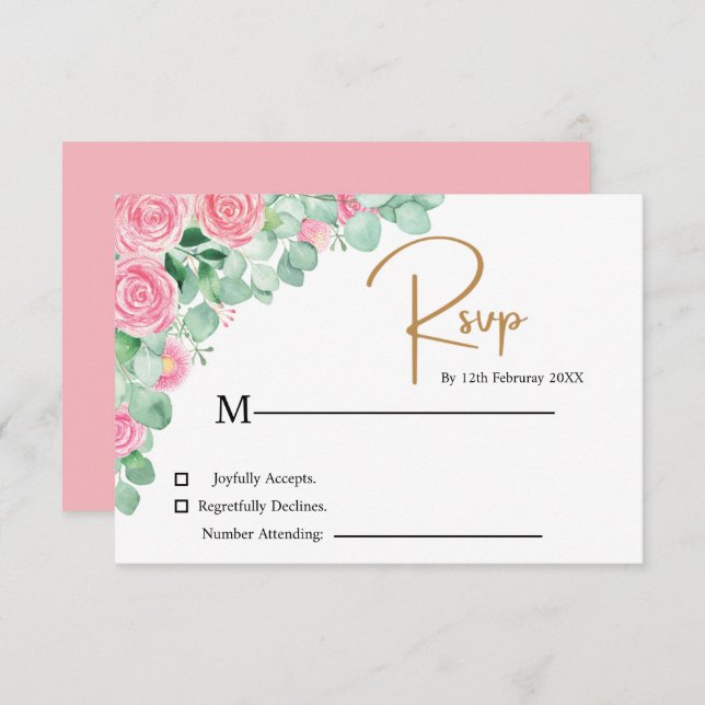 Rosas e Cartão RSVP de Casamento Eucalyptus (Frente/Verso)