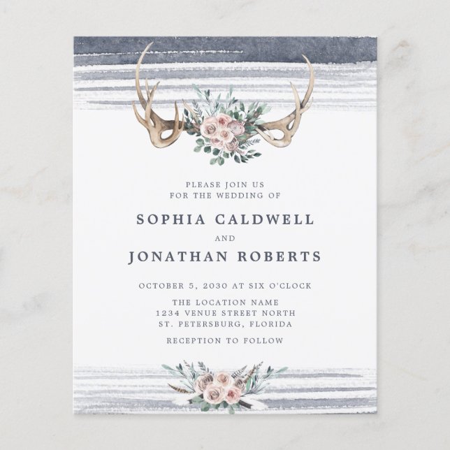 Rosas e Convite de casamento de Antlers de Orçamen (Frente)