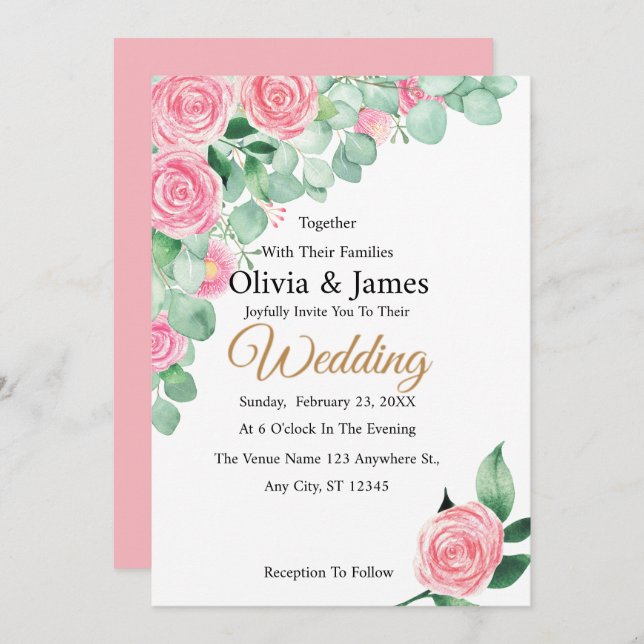 Rosas e Convite para Casamento Eucalyptus (Frente/Verso)