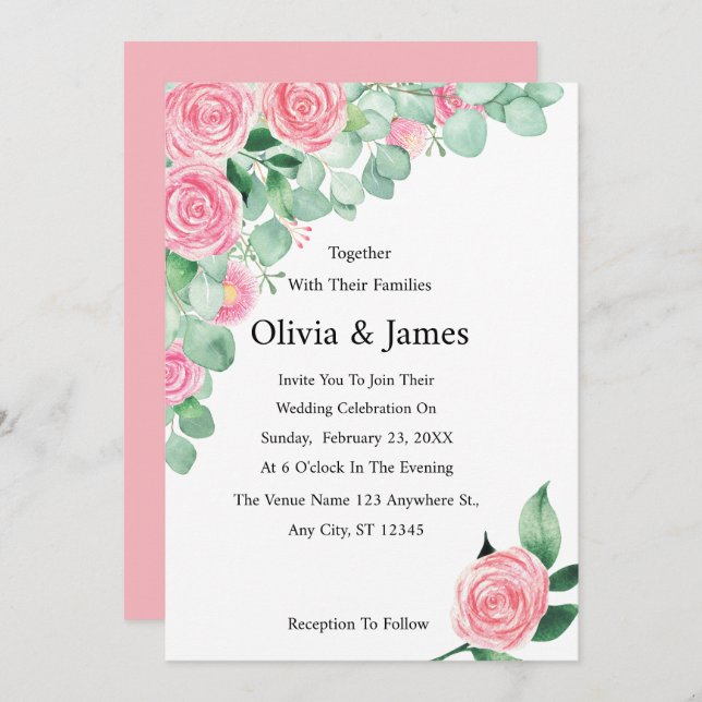 Rosas e Convite para Casamento Eucalyptus (Frente/Verso)