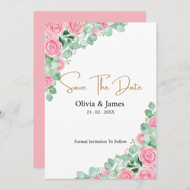 Rosas e Eucalyptus Wedding Guardar o cartão de dat (Frente/Verso)