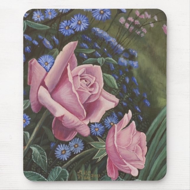 Rosas e flores cor-de-rosa Mousepad do azul (Frente)
