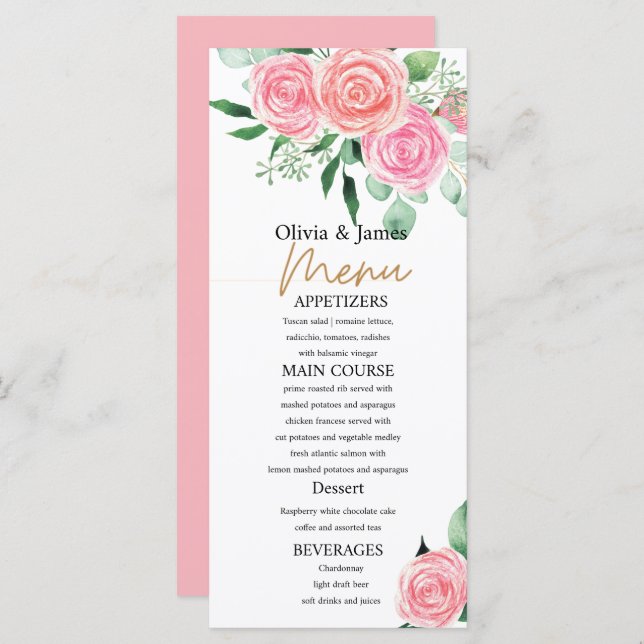 Rosas e Menus de Casamento Eucalyptus (Frente/Verso)