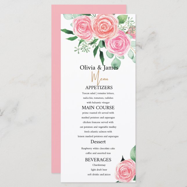 Rosas e Menus de Casamento Eucalyptus (Frente/Verso)