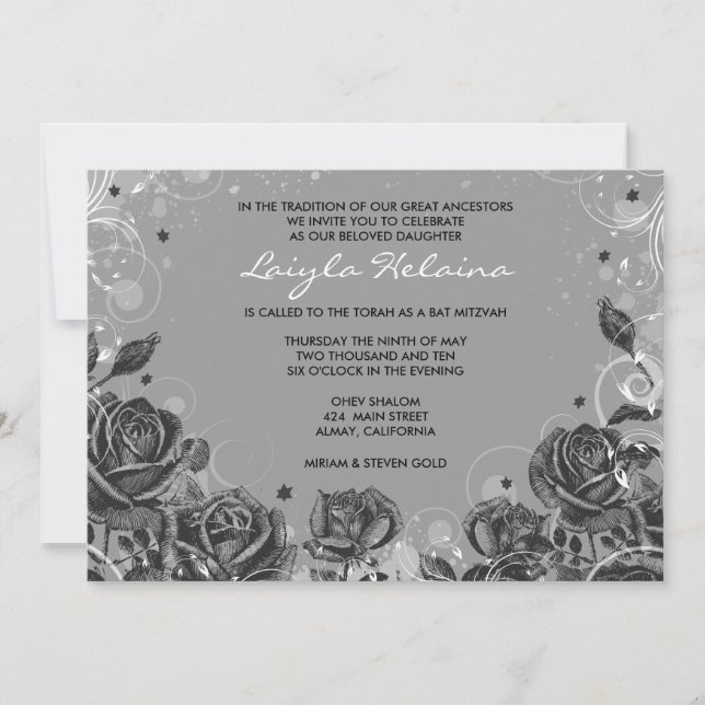 Rosas Elegantes - cinza de Convite Mitzvah (Frente)