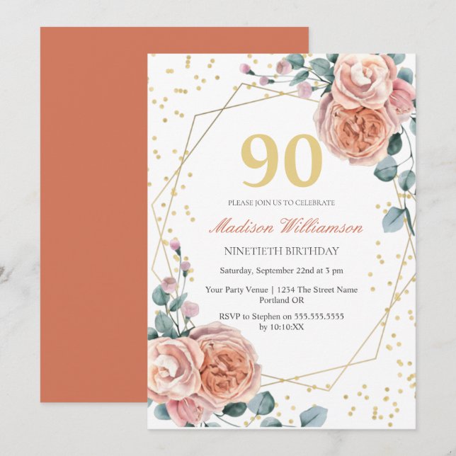 Rosas & Eucalipto Convite de Aniversário de 90 Ano (Frente/Verso)