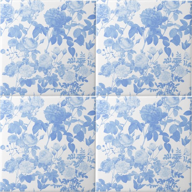 Rosas Florais Brancas Azuis Padrão Francês (Blue White Floral Roses French Pattern Ceramic Tile)