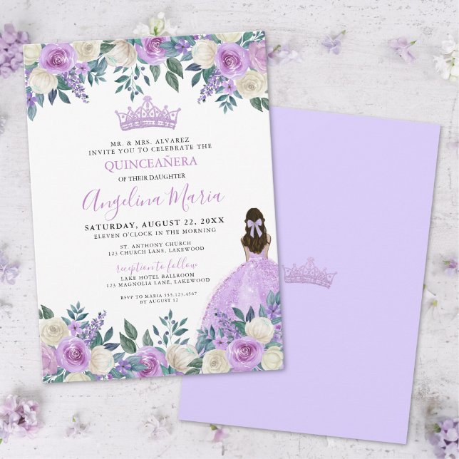Rosas Florais Convite para Quinceanera Roxo (Floral Roses Purple Quinceanera Invitation)