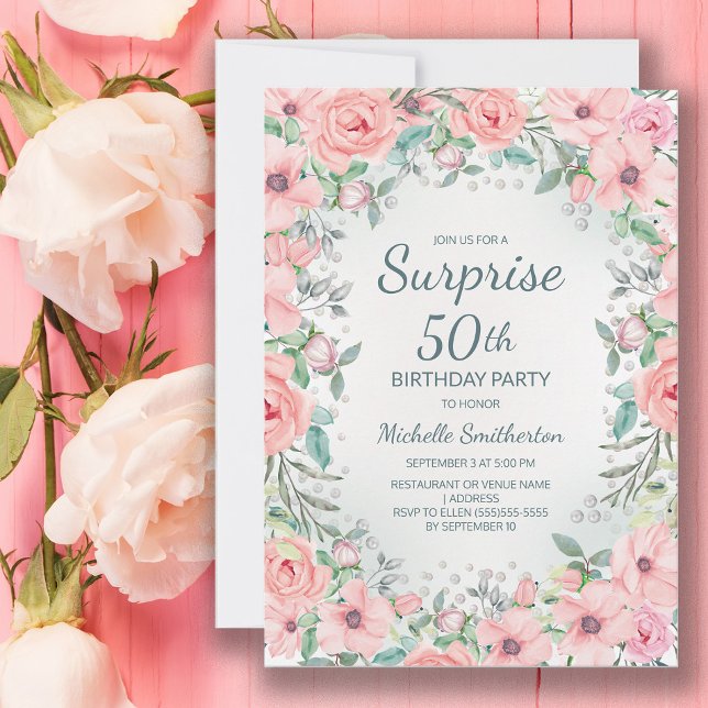Rosas Florais Cor de Água Rosa Pérolas 50º Anivers (Blush pink floral surprise 50th birthday party invitation customized with your text.)