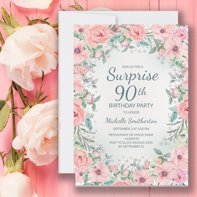 Rosas Florais em Aquarela Rosa e Pérolas Aniversár (Pink floral surprise 90th birthday party invitation customized with your text.)