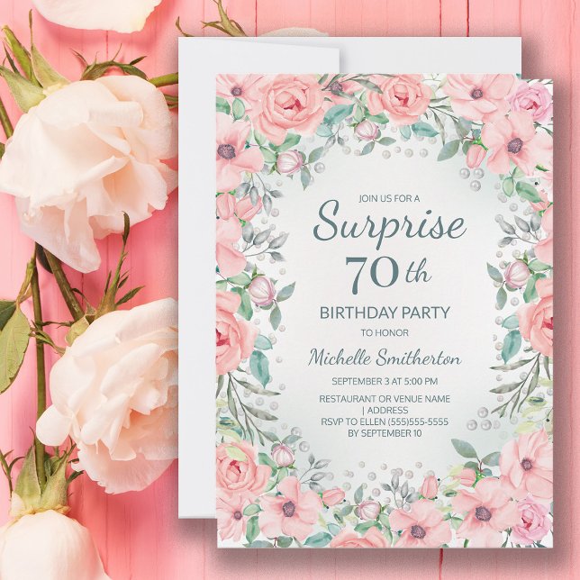 Rosas Florais em Aquarela Rosa e Pérolas Aniversár (Blush pink floral surprise 70th birthday party invitation customized with your text.)