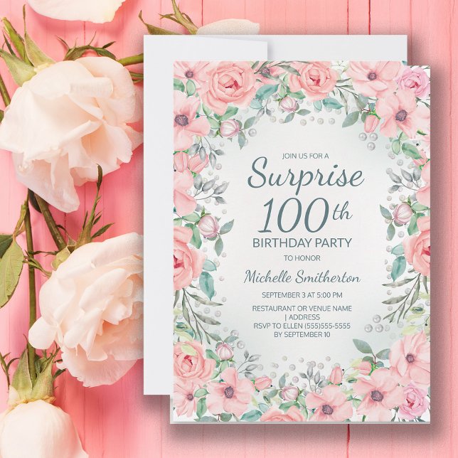 Rosas Florais em Aquarela Rosa e Pérolas Aniversár (Pink floral Surprise 100th birthday invitation)
