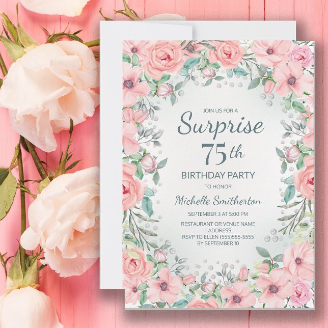 Rosas Florais em Aquarela Rosa e Pérolas Aniversár (Blush pink floral surprise 75th birthday party invitation customized with your text.)