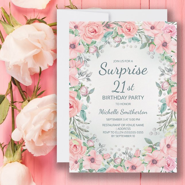 Rosas Florais em Aquarela Rosa e Pérolas Aniversár (Blush pink floral surprise 21st birthday party invitation personalized with your text.)