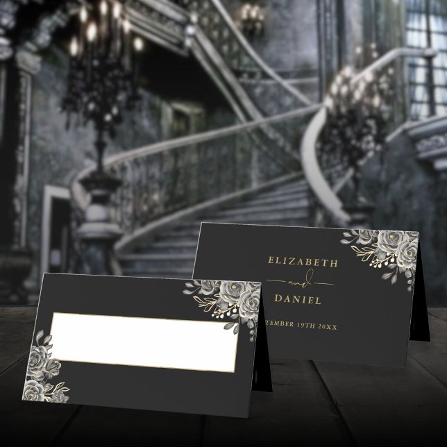 Rosas Florais Góticas Pretas e Douradas Convite de (Gothic Floral Roses Black And Gold Wedding Folded Place Card)