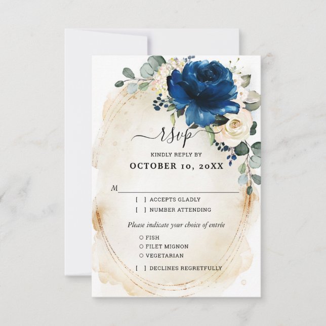 Rosas Marfim Champanhe Dourado Azul Marinho RSVP (Frente)