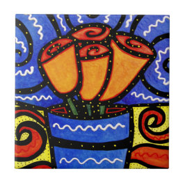 Rosas no azulejo azul do vaso