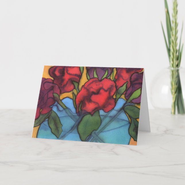 Rosas num Cartão de Aniversário Azul Vase (Frente)