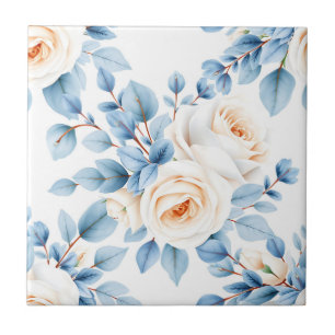 Rosas Pêssego Padrão de Eucalipto Azul Empoeirado