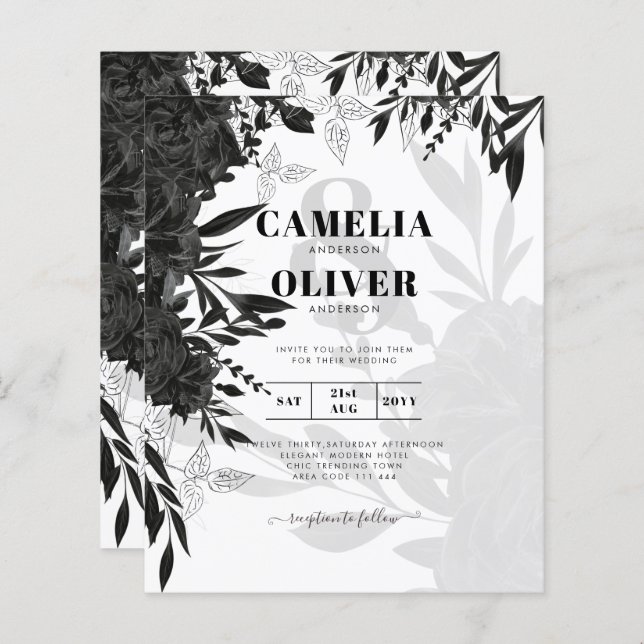 ROSAS Pretos  Elegante Convite de casamento Branco (Frente/Verso)