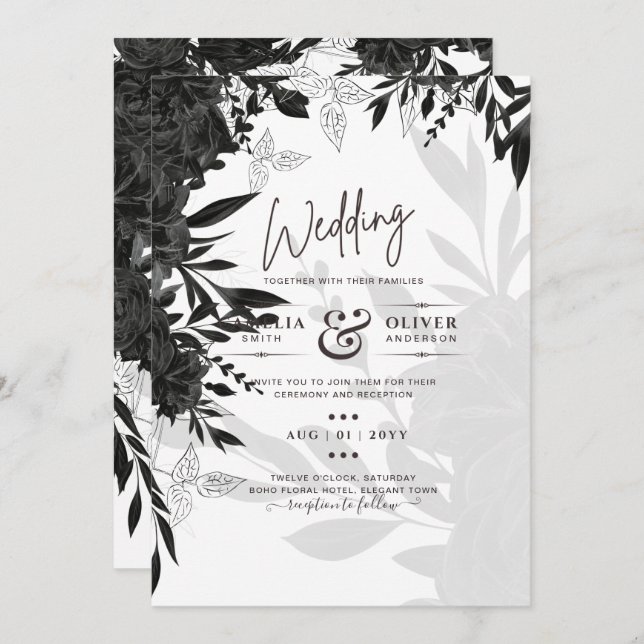 ROSAS Pretos  Elegante Convite de casamento Branco (Frente/Verso)