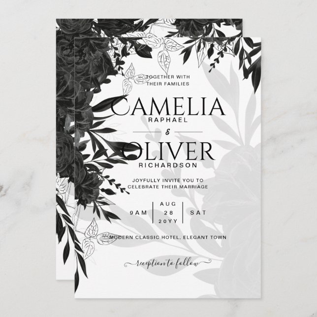 ROSAS Pretos  Elegante Convite de casamento Branco (Frente/Verso)