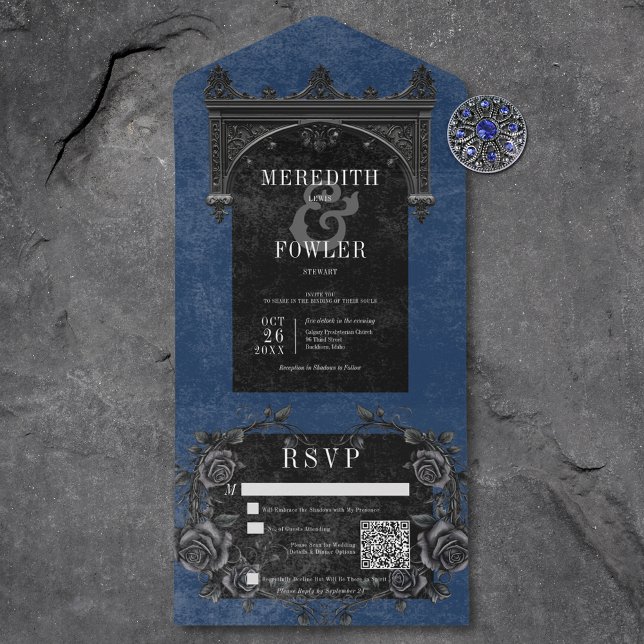 Rosas Pretos Góticos e Pretos Código QR Azul (Gothic Black Arch & Black Roses Blue QR Code All In One Invitation)