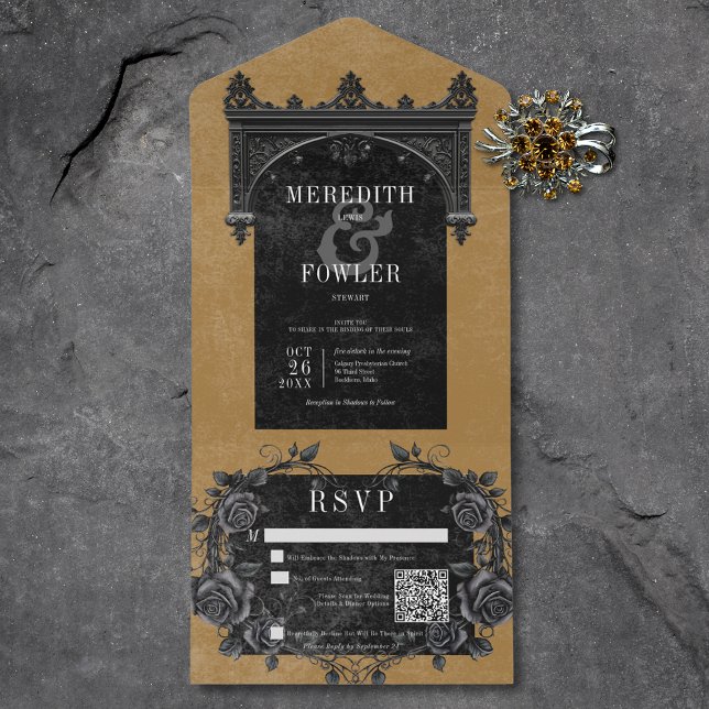 Rosas Pretos Góticos e Pretos Código QR Dourado (Gothic Black Arch & Black Roses Gold QR Code All In One Invitation)